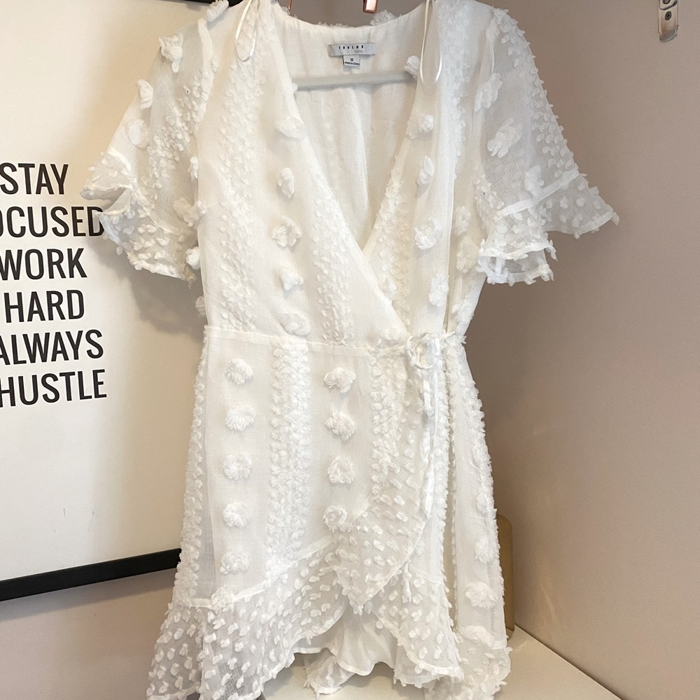 Favlux Fashion boutique style White wrap Pom-Pom dress • size Small